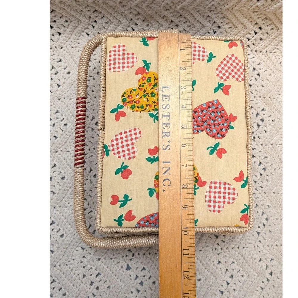 Vintage Wicker Sewing Basket Fun Retro Heart Print Padded Lid Craft Storage
